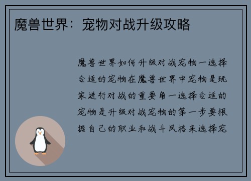 魔兽世界：宠物对战升级攻略